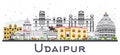 Udaipur India City Skyline with Color Buildings Isolated on Whit