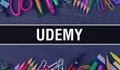 Udemy text written on Education background of Back to School concept. Udemy concept banner on Education sketch with school