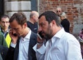 Udine, Italy. April 27 2018: Matteo Salvini, leader of the Lega Nord, with Massimiliano Fedriga, candidate Governor of the region