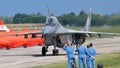 Military plane of Polish Air Force. Fighter jet with copy space Royalty Free Stock Photo