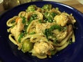 Udon with chicken and vegetables stir fry in teriyaki sauce.