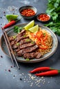 Udon noodles with beef meat, vegetables, onions and sesame seeds. Asian food, vegetables in bowl Royalty Free Stock Photo