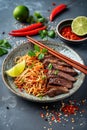 Udon noodles with beef meat, vegetables, onions and sesame seeds. Asian food, vegetables in bowl Royalty Free Stock Photo