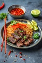 Udon noodles with beef meat, vegetables, onions and sesame seeds. Asian food, vegetables in bowl Royalty Free Stock Photo