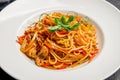 Udon noodles with chicken and vegetables on white plate, chinese cuisine close up macro Royalty Free Stock Photo