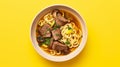 Stylish Beef Noodle Soup Photography On Yellow Background