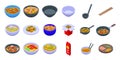 Udon noodles icons set isometric vector. Meal food cooking