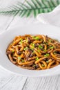 Udon noodles with mushrooms Royalty Free Stock Photo