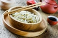 Udon noodles with sesame seeds in a wooden bowl, traditional Royalty Free Stock Photo