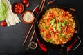 Udon pasta with shrimp, tomatoes and paprika.