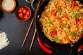 Udon pasta with shrimp, tomatoes and paprika.