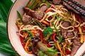 Udon stir fry noodles with beef meat and vegetables in a plate on white wooden background Royalty Free Stock Photo