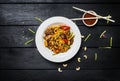 Udon stir fry noodles with meat or chicken and vegetables in a white plate with chopsticks. Royalty Free Stock Photo