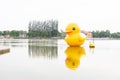 Ellow giant inflatable duck and yellow boat on the lake in Nong Prajak Park, Udon Thani Royalty Free Stock Photo