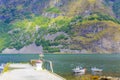 Udredal Brygge little pier in Undredal village Aurlandsfjord Norway Royalty Free Stock Photo