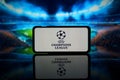 UEFA Champions league logo on screen. Football Champions league tournament