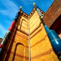 Wide angle shot of Columns at the entrance of the train station in Uelzen, Germany, designed by artist Friedensreich Hundertwasser
