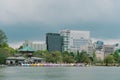 Ueno, Japan, April 7, 2023 : Swan paddle boats for rent at Shinobazu Pond in Ueno Park during cherry blossom season