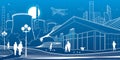 Outline industry and city illustration. Evening town urban scene. People walking at garden. Night shop. Power Plant in mountains.