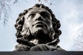 UFA, RUSSIA - 11 APRIL 2019: close-up bust of the Alexandr Sergeevich Pushkin against the sky, greatest russian poet