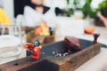 Ufa, Russia - April 11, 2019: Close up image of lego minifigures posing as tradespeople against a food background.