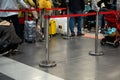 Ufa, Russia april 2, 2020: Passengers arrive at check-in counters at UFA Airport in Russia. Crowds of travelers in queue at