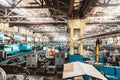 Ufa, Russia. October 9, 2021: The interior of an old manufacturing plant. Large hangar in a factory with many special