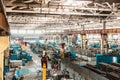 Ufa, Russia. October 9, 2021: The interior of an old manufacturing plant. Large hangar in a factory with many special