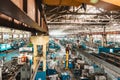 Ufa, Russia. October 9, 2021: The interior of an old manufacturing plant. Large hangar in a factory with many special