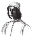 Uffizi Gallery in Florence. - Portrait painted by Filippino Lippi himself. - Drawing Chevignard, vintage engraving