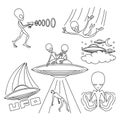 Set of contour illustrations with extraterrestrial aliens.