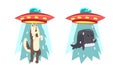 UFO Abducting Animals Set, Alien Spacecraft Stealing Wolf and Whale Cartoon Vector Illustration