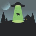UFO abducting a cow cartoon vector illustration. Flying saucer with cow in transporter beam. Royalty Free Stock Photo