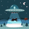 UFO with alien abducting a cow, summer night farm landscape with the night field with house. Flat vector illustration with stars Royalty Free Stock Photo