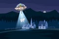 UFO abducting a cow, summer night farm landscape, in the night field with houses, vector background with stars and moon Royalty Free Stock Photo