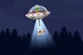 UFO abducting a cow, summer night forest landscape, vector background with stars and moon in the sky. Cartoon style Royalty Free Stock Photo