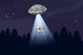 UFO abducting a cow, summer night forest landscape, vector background with stars and moon in the sky. Cartoon style Royalty Free Stock Photo