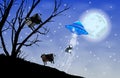 UFO abducts cows silhouette. Cow on the tree