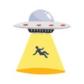 UFO abducts human. Spaceship UFO ray of light with man silhouette . Vector illustration in flat style Royalty Free Stock Photo