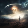 UFO abducts a young man. UFO flying in the night sky. Human being abducted by aliens Royalty Free Stock Photo