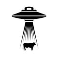 UFO adducts cow simple illustration. Alien spaceship with light rays to catch a cow animal Royalty Free Stock Photo