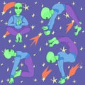 Ufo. the alien does yoga. space background. set of fantastic character poses Royalty Free Stock Photo