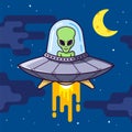 UFO with an alien in the night sky. flat vector illustration