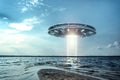 UFO, an alien plate hovering above water, hovering motionless in the air. Unidentified flying object, alien invasion,