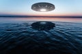 UFO, an alien plate hovering above water, hovering motionless in the air. Unidentified flying object, alien invasion,