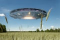 UFO, an alien plate hovering over the field, hovering motionless in the air. Unidentified flying object, alien invasion, Royalty Free Stock Photo