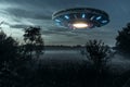 UFO, an alien plate hovering over the field, hovering motionless in the air. Unidentified flying object, alien invasion, Royalty Free Stock Photo