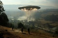 UFO, alien plate hovering over the field, hovering motionless in the air, Unidentified flying object and alien invasion