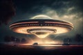 UFO, an alien plate hovering over the field, hovering motionless in the air. Unidentified flying object, alien invasion Royalty Free Stock Photo