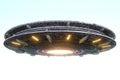 UFO, an alien plate soars in the sky, hovering motionless in the air. Unidentified flying object, alien invasion, extraterrestrial Royalty Free Stock Photo